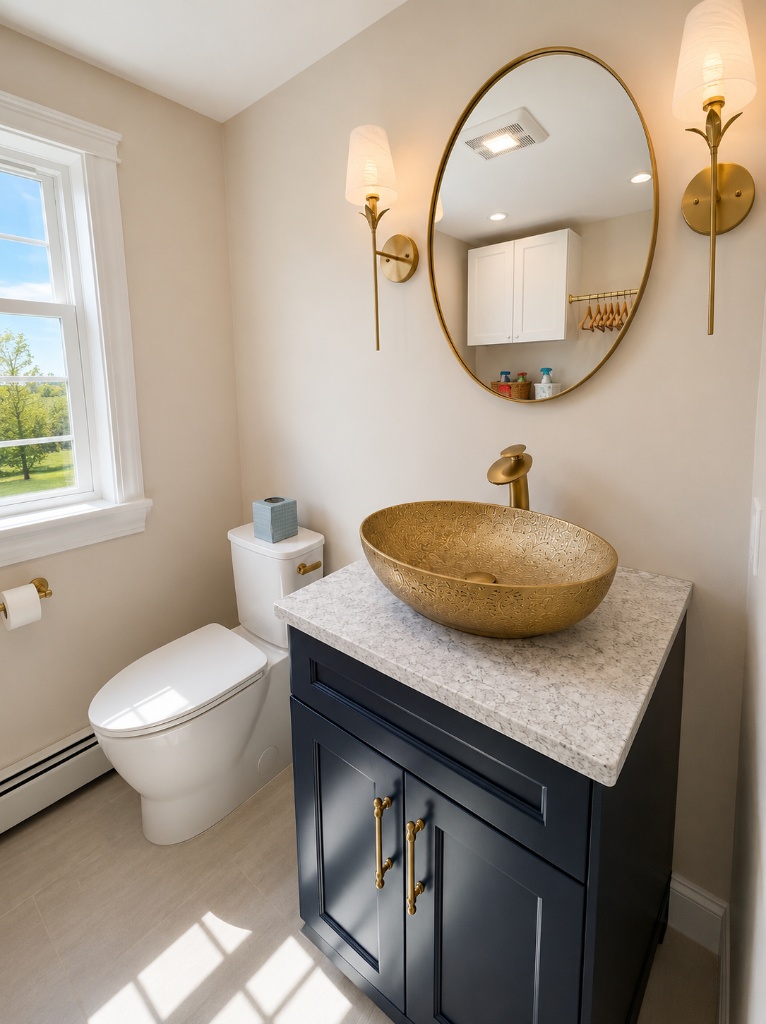 Bathroom renovation featuring navy vanity with brass vessel sink, marble countertop, and elegant wall sconces in Maine