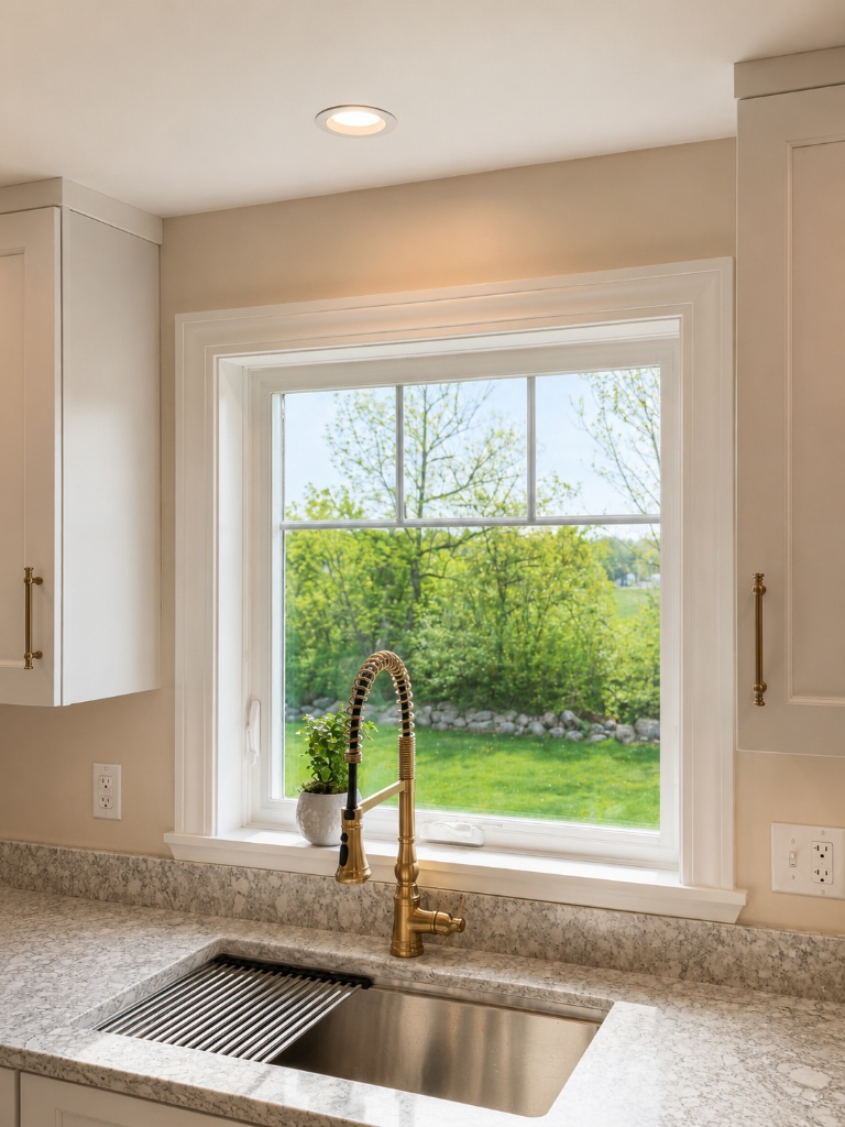 Kitchen sink area with brass commercial-style faucet, new window with garden view, and granite countertops