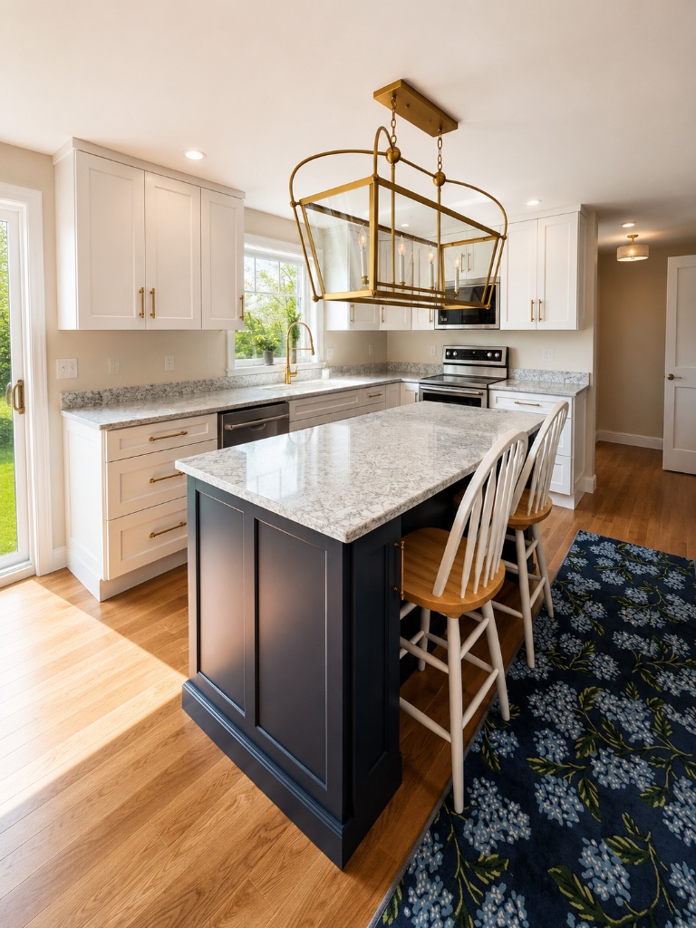 Kitchen remodel with navy blue island, white shaker cabinets, brass pendant lighting, and granite countertops in Southern Maine